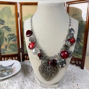 Silver Tone Red Heart Charm Chunky Statement Necklace Romantic Goth Vampire